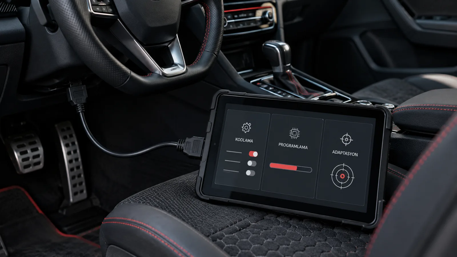 Kodlama, programlama ve adaptasyon işlemlerini ayrı gösteren tablet ekranı