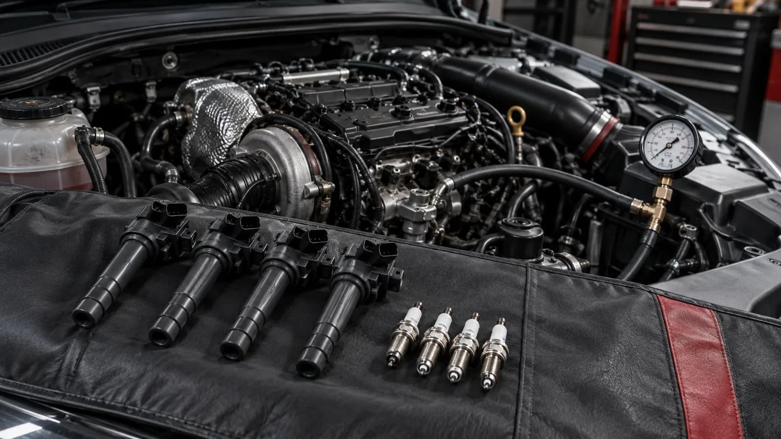 Turbo benzinli motor için buji, bobin ve basınç kontrol ekipmanı